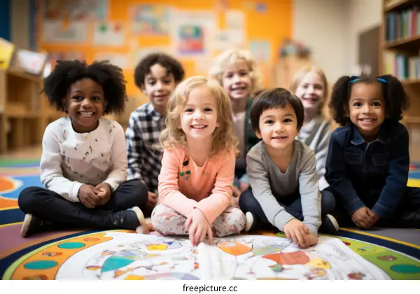 A group of children sitting on the floor in a classroom