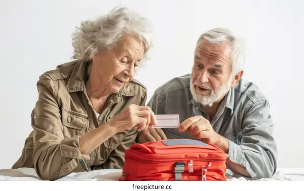 An elderly couple is packing for a trip