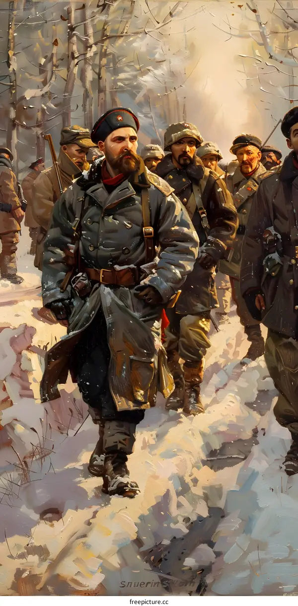 A group of soldiers wearing winter coats and carrying rifles march through a snowy forest.