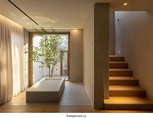 Modern Minimalist Interior Design with Courtyard View and Wooden Stairs