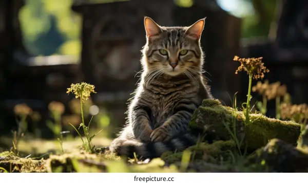 A cute cat is sitting on the mossy ground in the sunlight