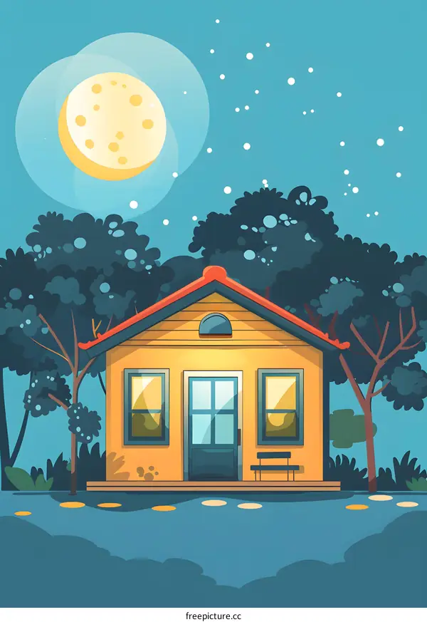 Nighttime Cartoon Illustration Of Yellow House With Porch