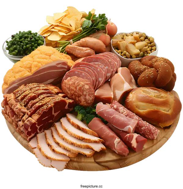 [Transparent Background PNG]Assorted Meats and Breads on a Wooden Cutting Board