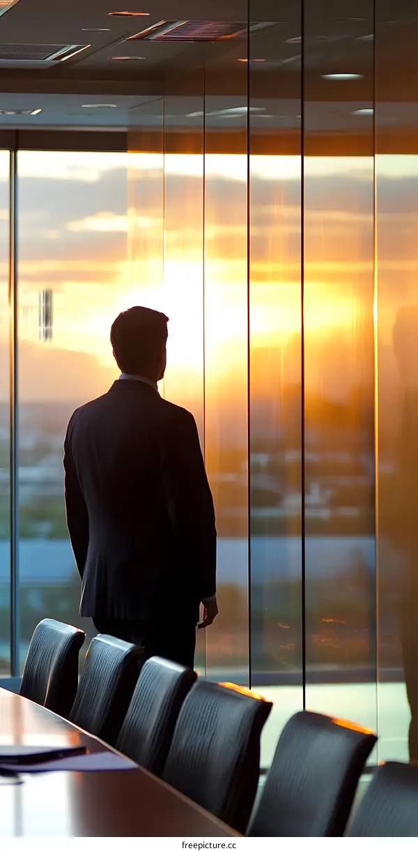 Businessman Standing in Conference Room Looking Out Window at Sunset
