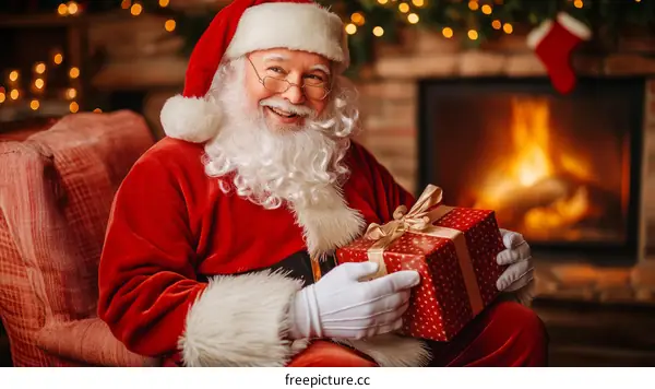 Santa Claus with Gift in Cozy Christmas Setting