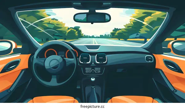 Car Interior View With Steering Wheel and Road Ahead