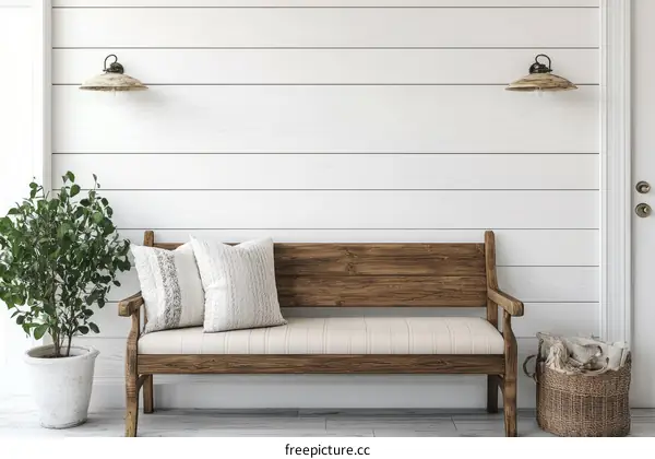 Rustic Wooden Bench in a White Farmhouse Entryway