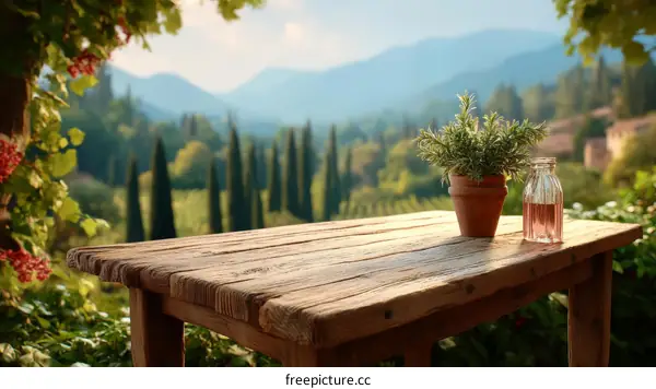 Rustic Wooden Table Outdoors with Scenic View