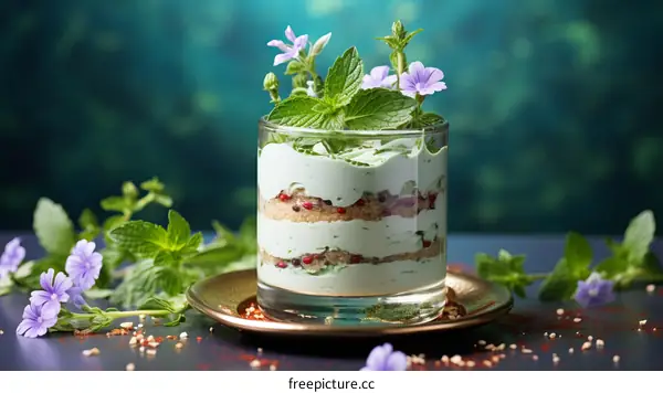 Fresh berries and crushed biscuits in a mint green parfait