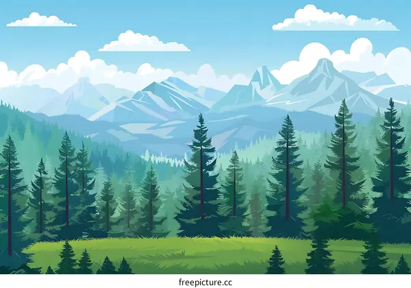 Green Forest Mountain Landscape Illustration