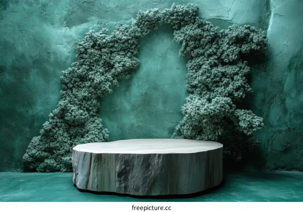 Teal Green Wall Display with Wooden Stump