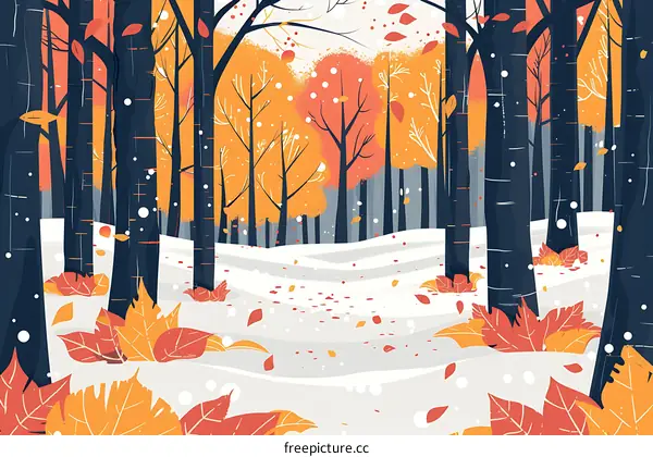 Winter Forest Illustration With Snow And Falling Leaves