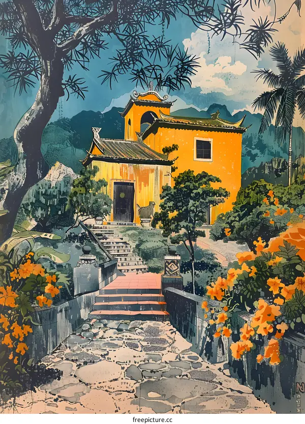 Chinese courtyard with trees and flowers