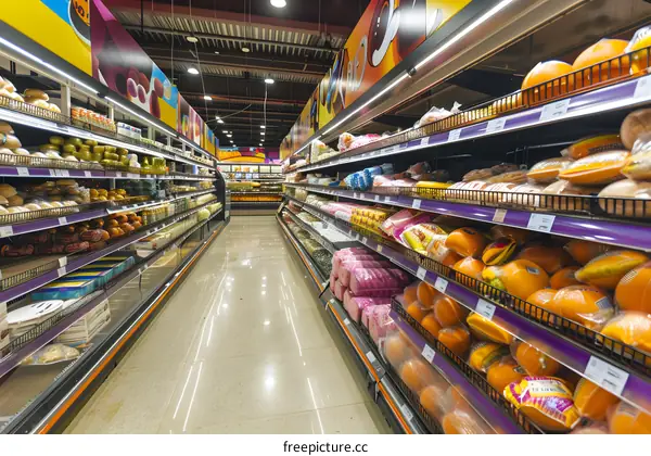 Grocery Store Aisle With Shelves Stocked With Food Items