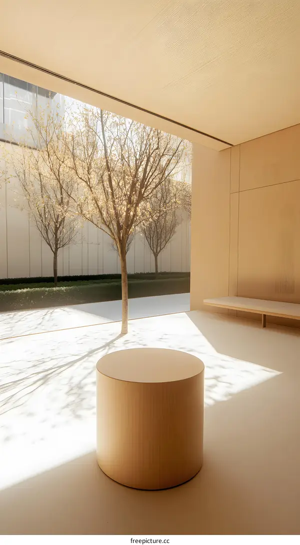 Minimalist Interior Design with Wooden Stool and a View of Trees
