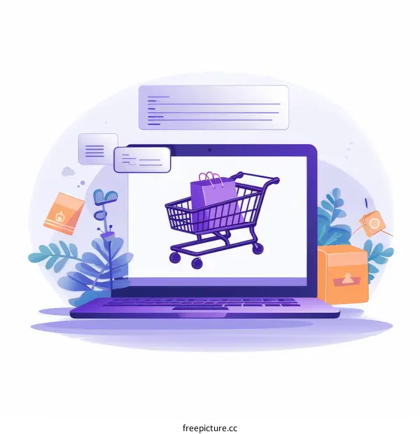 Online shopping concept with laptop and shopping cart