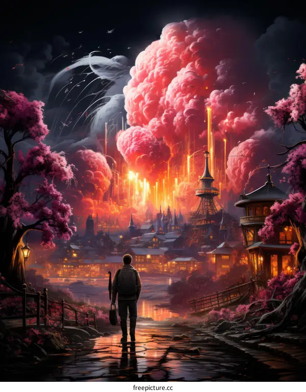 man in a post-apocalyptic city with a cherry blossom tree