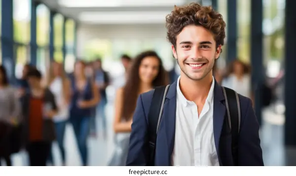 Portrait of a smiling young male college student with curly hair wearing a suit and backpack in a university hallway