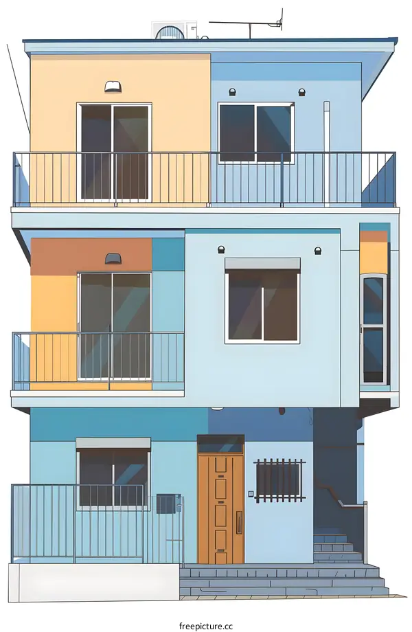 Illustration of a Colorful Two Story House With Balconies