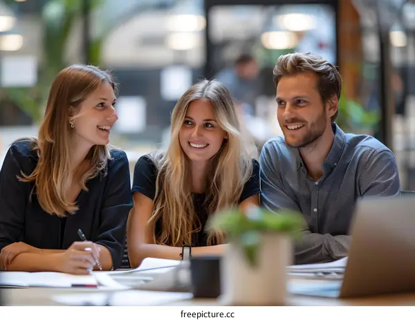 Three young business professionals having a meeting in a modern office