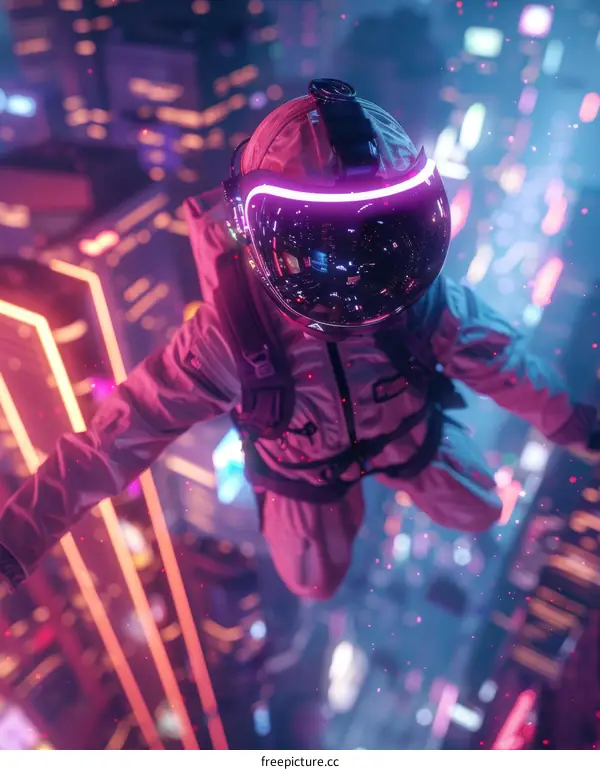 A lone astronaut floats above a futuristic city