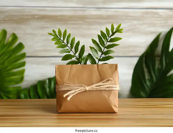 Brown Paper Package with Twine and Green Leaves