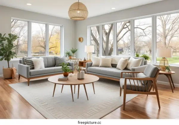 Bright and airy living room with large windows and stylish furniture