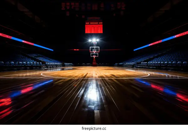 Basketball court with a spotlight shining down on it