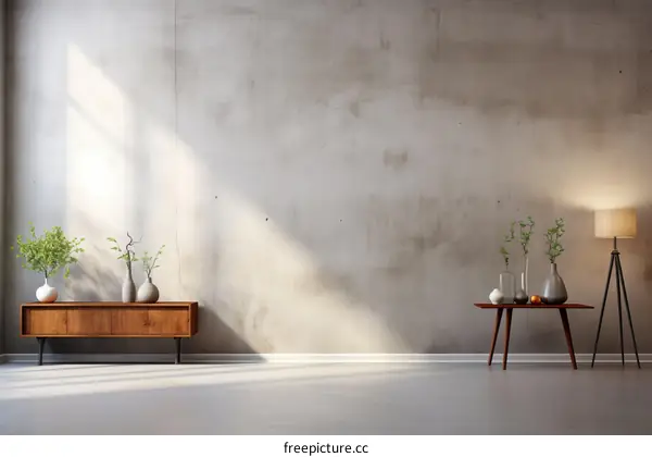 An empty room with a concrete wall, wooden cabinet, table, lamp and plants