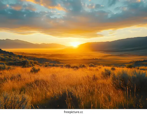 Golden Hour Sunrise over Mountain Range with Field of Grass