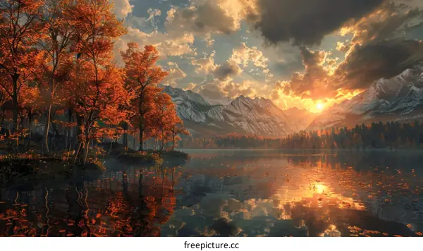 Tranquil Autumn Lake with Vibrant Foliage and Mountain Reflections
