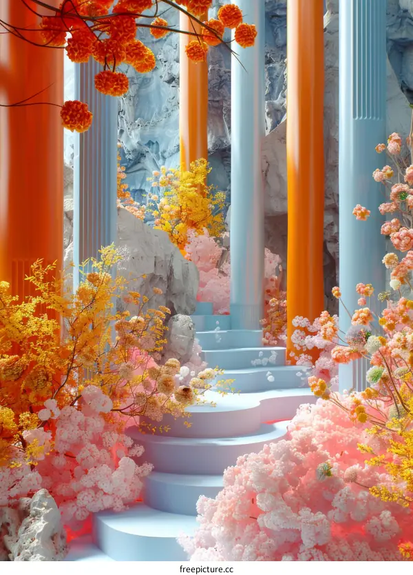 Colorful Floral Stairway Installation Art