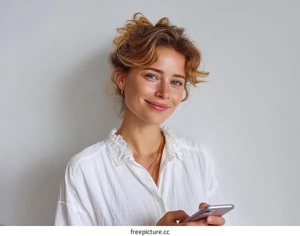 Smiling Woman Using Smartphone in Studio