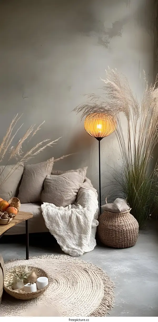 Beige and Tan Living Room Interior Design with Round Woven Rug