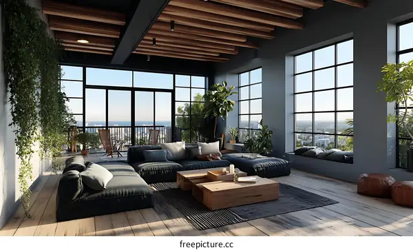 Modern Industrial Loft Living Room with Panoramic Views