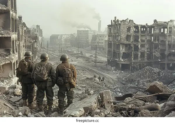 Three American soldiers survey the ruins of Aachen, Germany, after World War II