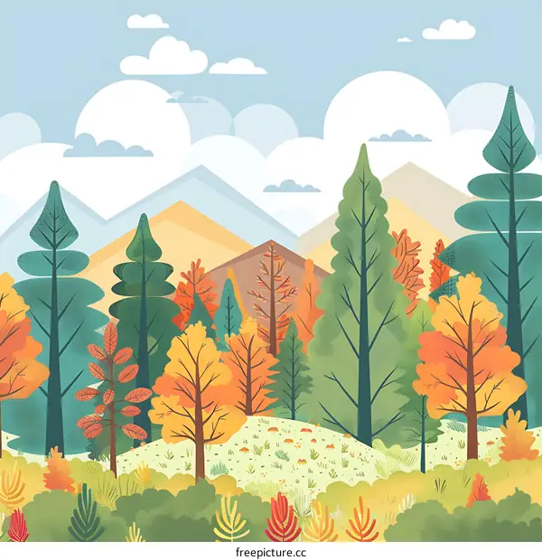 Autumn Forest Landscape Illustration With Colorful Trees