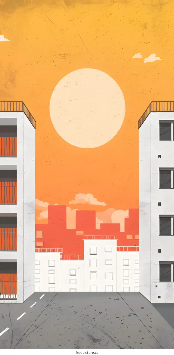 Abstract Minimalist Cityscape Illustration with Buildings and a Large Sun