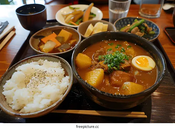 Japanese beef curry with rice and side dishes