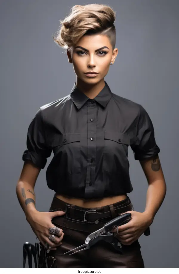 Portrait of a confident female hairstylist with short blonde hair and tattoos on her arms