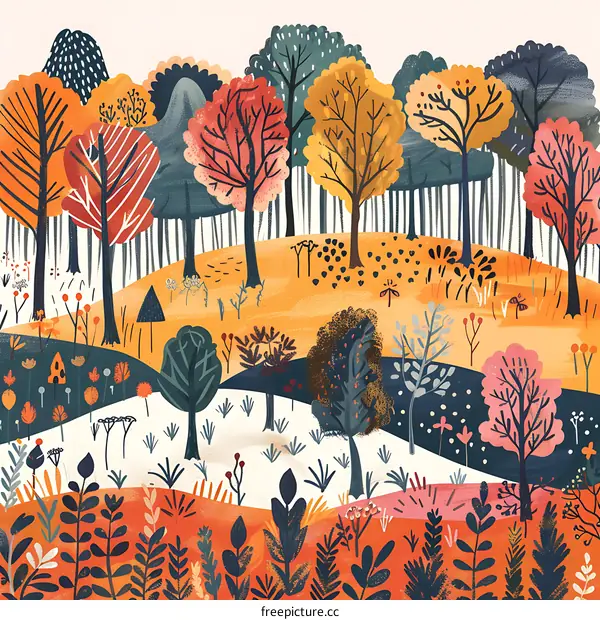 Autumn Forest Illustration with Colorful Trees and Plants