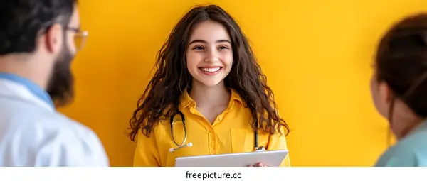 Smiling Female Doctor With Stethoscope Holding Tablet