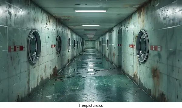 Rundown hospital hallway with water leaking from the ceiling