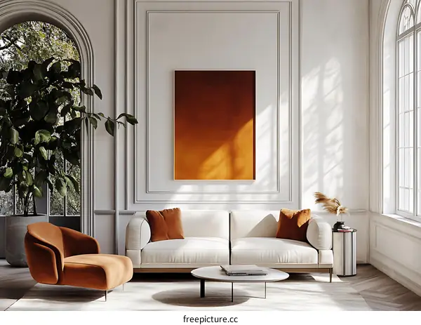 Modern Living Room Interior Design With White Sofa, Orange Armchair and Artwork