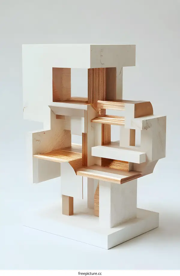 Abstract Geometric Sculpture with White and Gold Tones