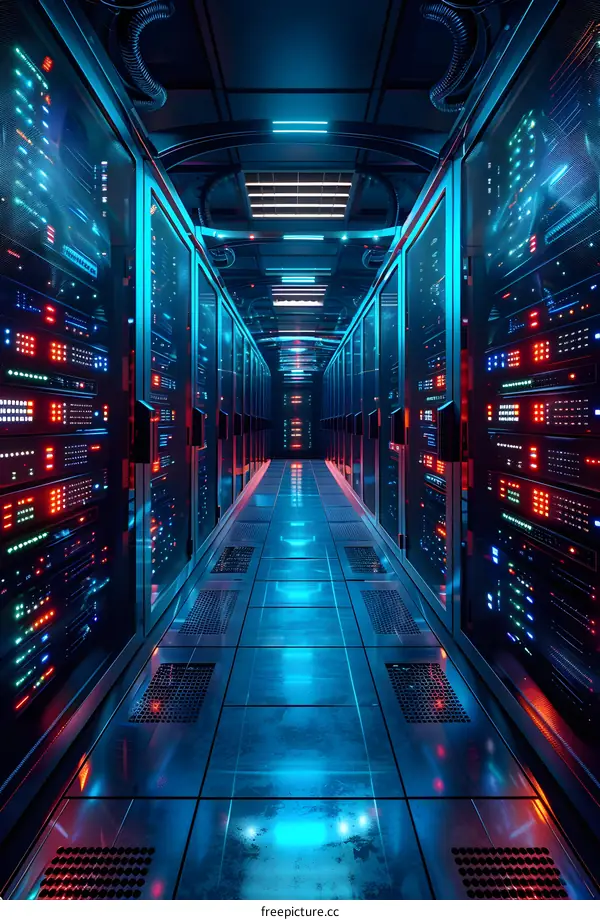 Futuristic server room with blue and red lights