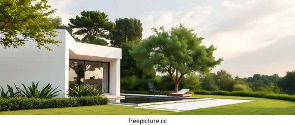 Modern Home with Swimming Pool and Lush Landscaping