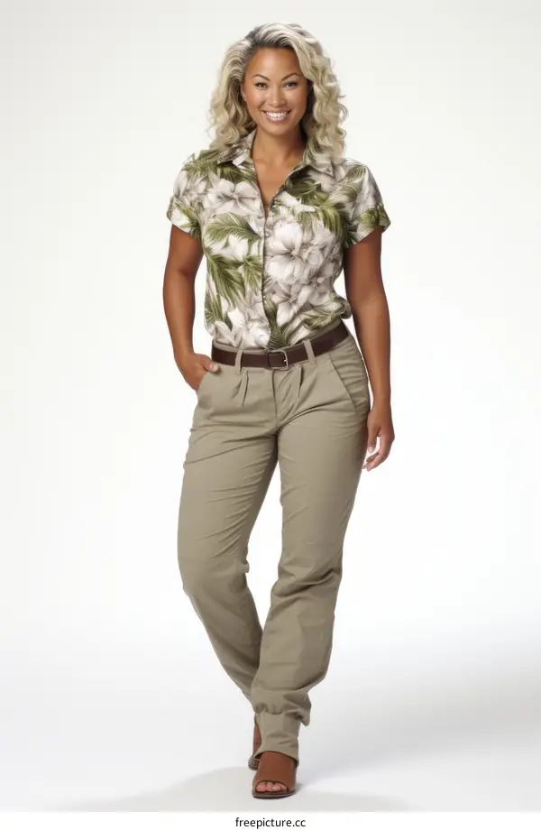 Plus Size Women's Floral Shirt and Khaki Pants Outfit