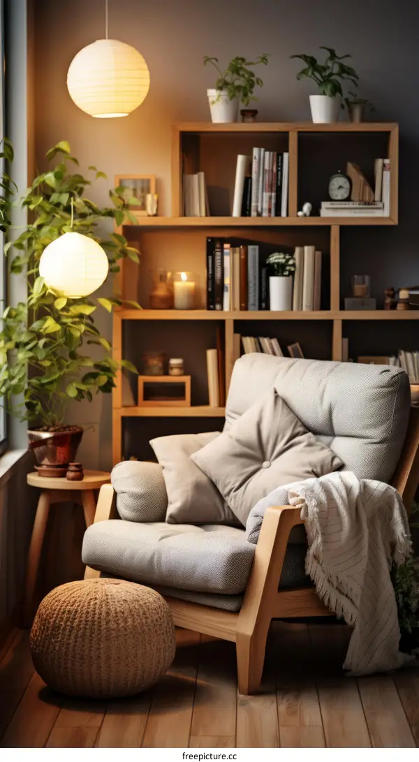 A cozy reading nook with a comfortable chair, ottoman, and bookshelf