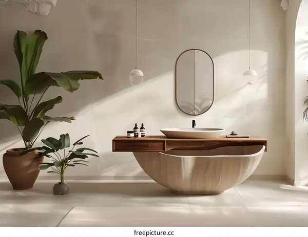 Modern Minimalist Bathroom Design with Wooden Sink and Tub